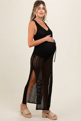 Serena Black Crochet V-Neck Side Slit Maternity Swimwear Cover Up Dress