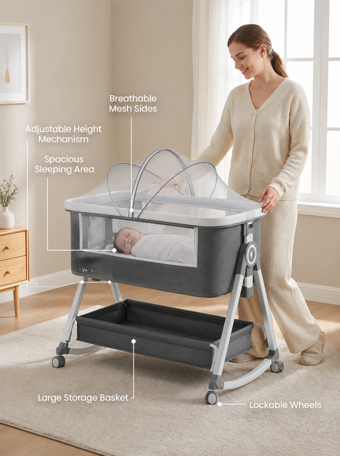 Krona 3-in-1 Portable Baby Nursery Bassinet Bedside Crib