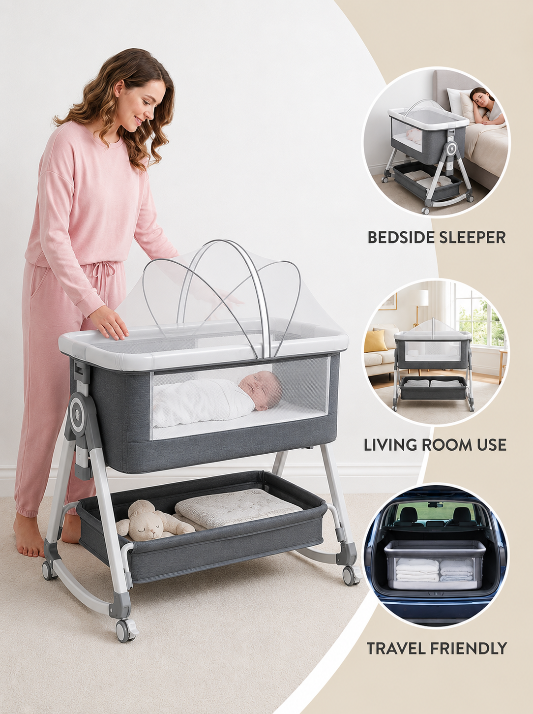 Krona 3-in-1 Portable Baby Nursery Bassinet Bedside Crib